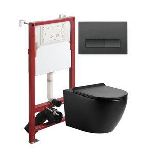 Изображение товара Инсталляция Agger ATI03144+APB244, с подвесным безободковым черным унитазом, сиденье микролифт, клавиша смыва черная матовая