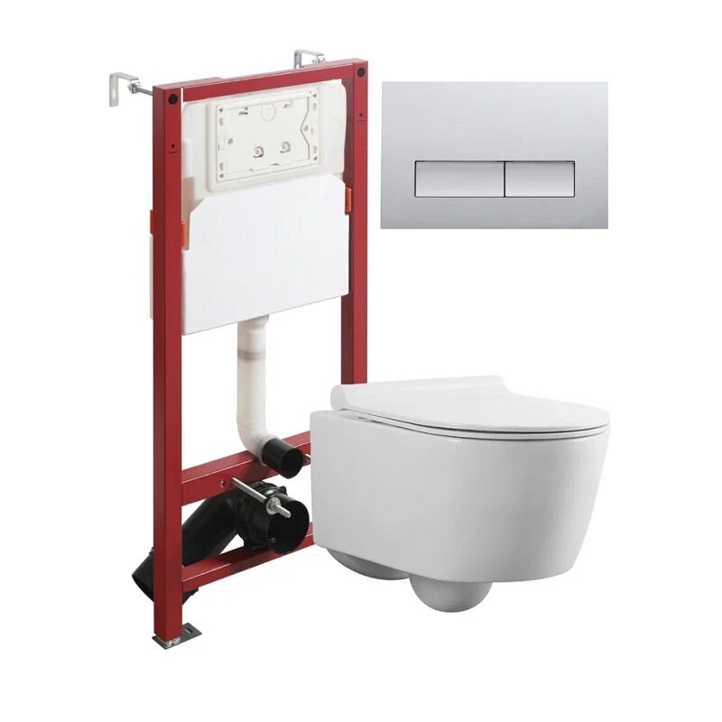 Изображение товара Подвесной унитаз Agger ATI05100+APB200 с инсталляцией и клавишей смыва, белый, хром