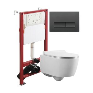 Изображение товара Инсталляция Agger ATI05100+APB244, с подвесным безободковым унитазом, сиденье микролифт, клавиша смыва черная матовая