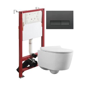 Изображение товара Инсталляция Agger ATI05100+APB244, с подвесным безободковым унитазом, сиденье микролифт, клавиша смыва черная матовая