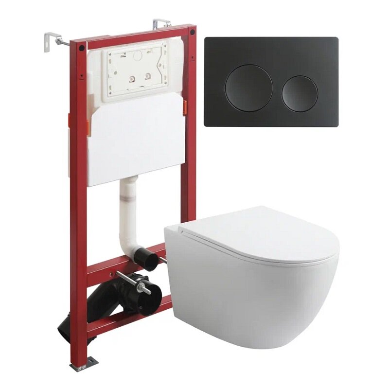 Изображение товара Подвесной унитаз безободковый Agger с инсталляцией и кнопкой черный матовый