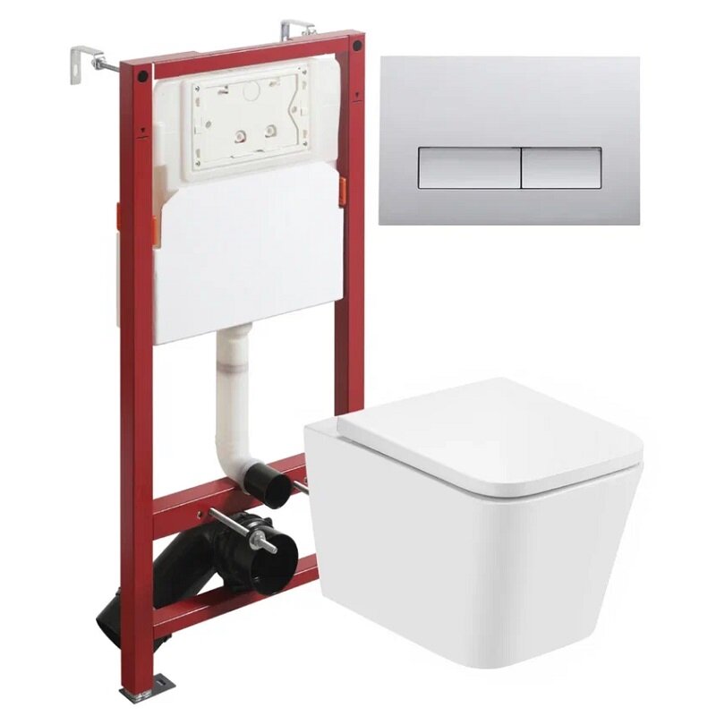 Изображение товара Подвесной безободковый унитаз с инсталляцией Agger ATI08100+APB200, глянцевый белый, хром