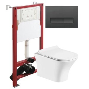 Изображение товара Инсталляция Orange CI02-100W+APB244, с подвесным безободковым унитазом, сиденье микролифт, клавиша смыва черная матовая