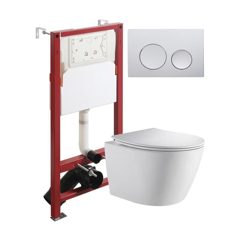 Изображение товара Инсталляция Orange CI07-150W+APB100, с подвесным безободковым унитазом, сиденье микролифт, клавиша смыва хром глянцевая