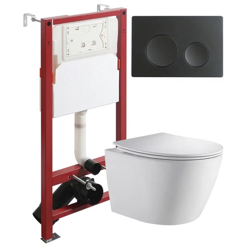 Изображение товара Инсталляция Orange CI07-150W с безободковым унитазом и черной кнопкой смыва