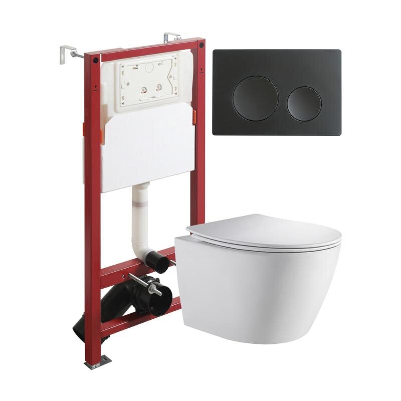 Изображение товара Инсталляция Orange CI07-150W+APB144, с подвесным безободковым унитазом, сиденье микролифт, клавиша смыва черный матовый