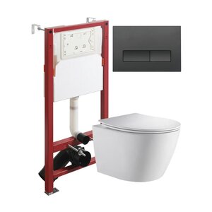 Изображение товара Инсталляция Orange CI07-150W+APB244, с подвесным безободковым унитазом, сиденье микролифт, клавиша смыва черная матовая