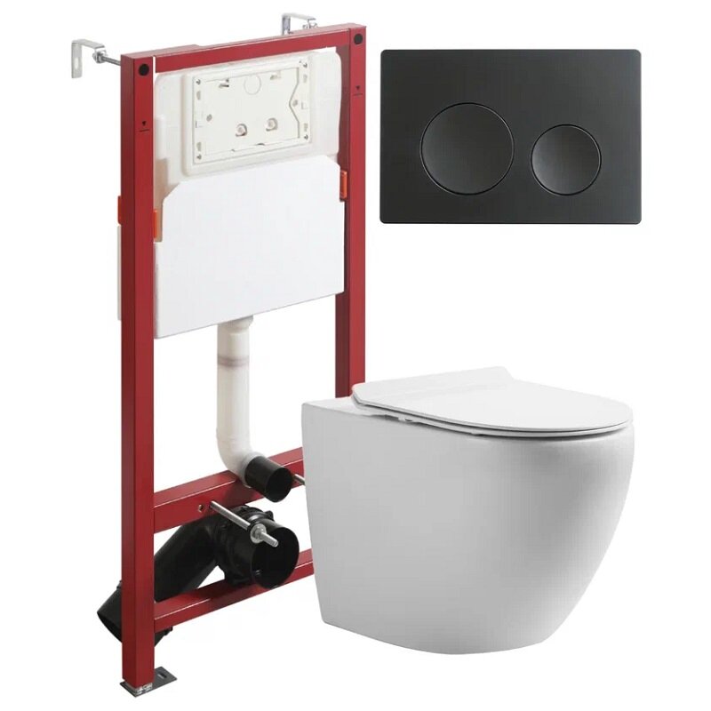 Изображение товара Инсталляция Orange CI07-100W+APB144 подвесной безободковый унитаз с микролифтом и черной кнопкой