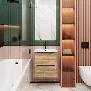 Изображение товара Тумба с раковиной La Fenice Tesoro NFNC-01-TES-DKK-100-2-3-100, 100 см, подвесная, дуб Канзас коричневый, ручка черная 