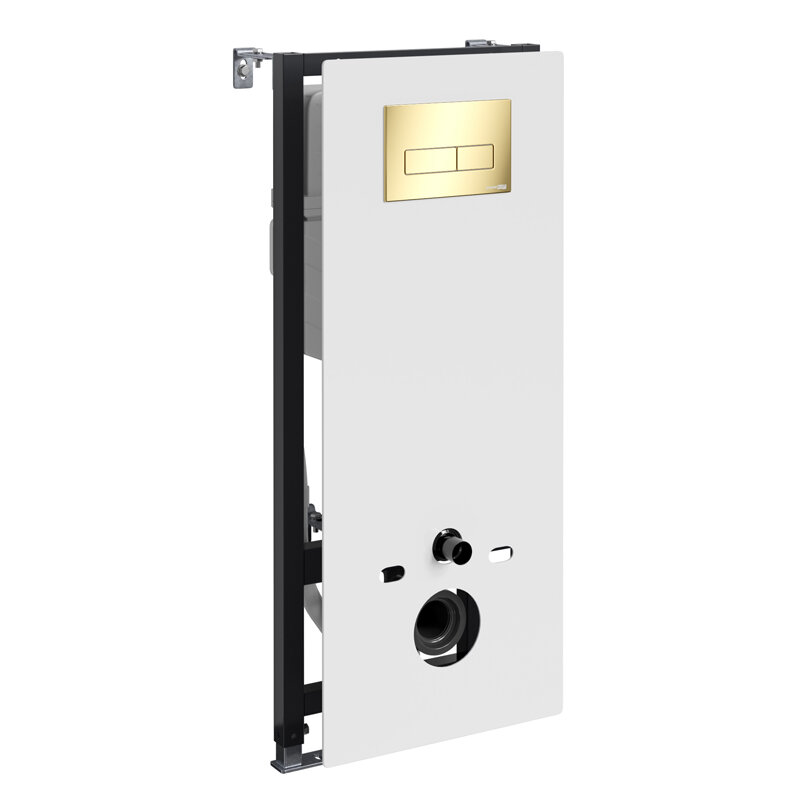 Изображение товара Инсталляция для унитаза WasserKraft Abens 20TLT.010.ME.WH.PG03, декоративная стеклянная панель белая, механическая кнопка смыва золото глянцевое