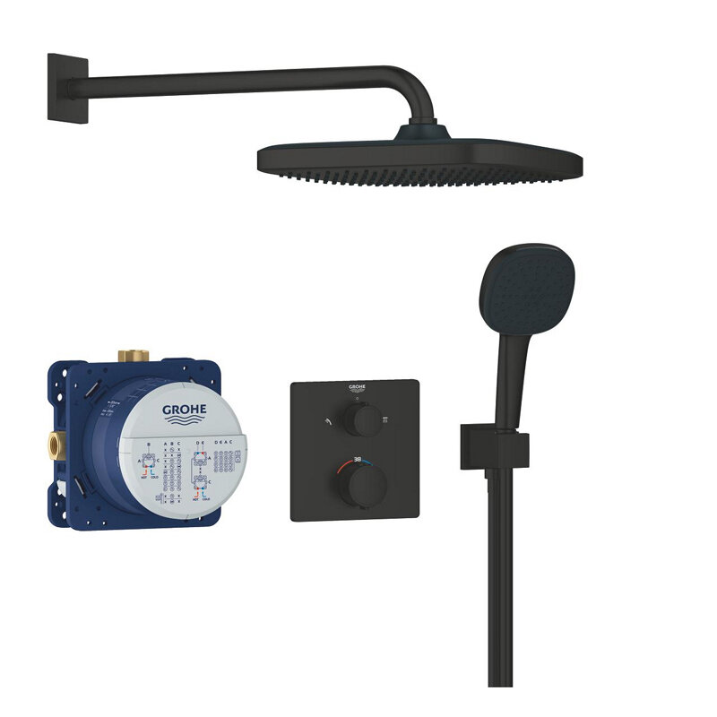 Изображение товара Душевая система Grohe Precision Thermostat черный матовый с верхним и ручным душем Изображение товара Душевая система Grohe Precision Thermostat черный матовый с верхним и ручным душем