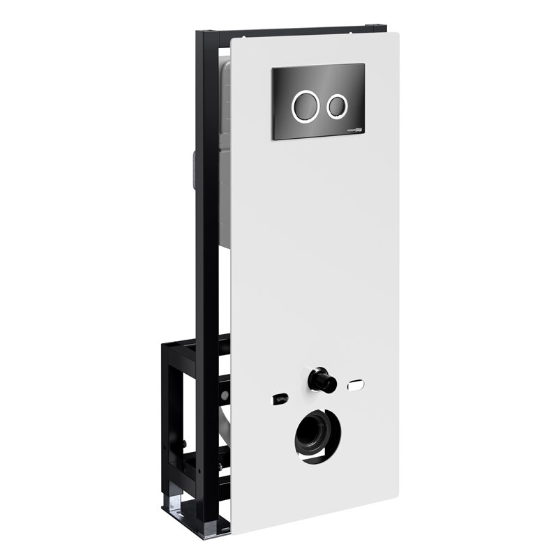 Изображение товара Инсталляция для унитаза WasserKraft Glan 66TLT.010.ME.WH.PB01, декоративная стеклянная панель белая, механическая кнопка смыва черная, ободки хром
