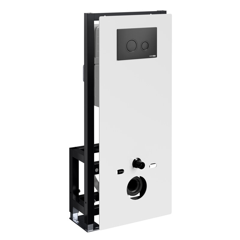 Изображение товара Инсталляция для унитаза WasserKraft Glan 66TLT.010.ME.WH.MB01, декоративная стеклянная панель белая, механическая кнопка смыва черная матовая