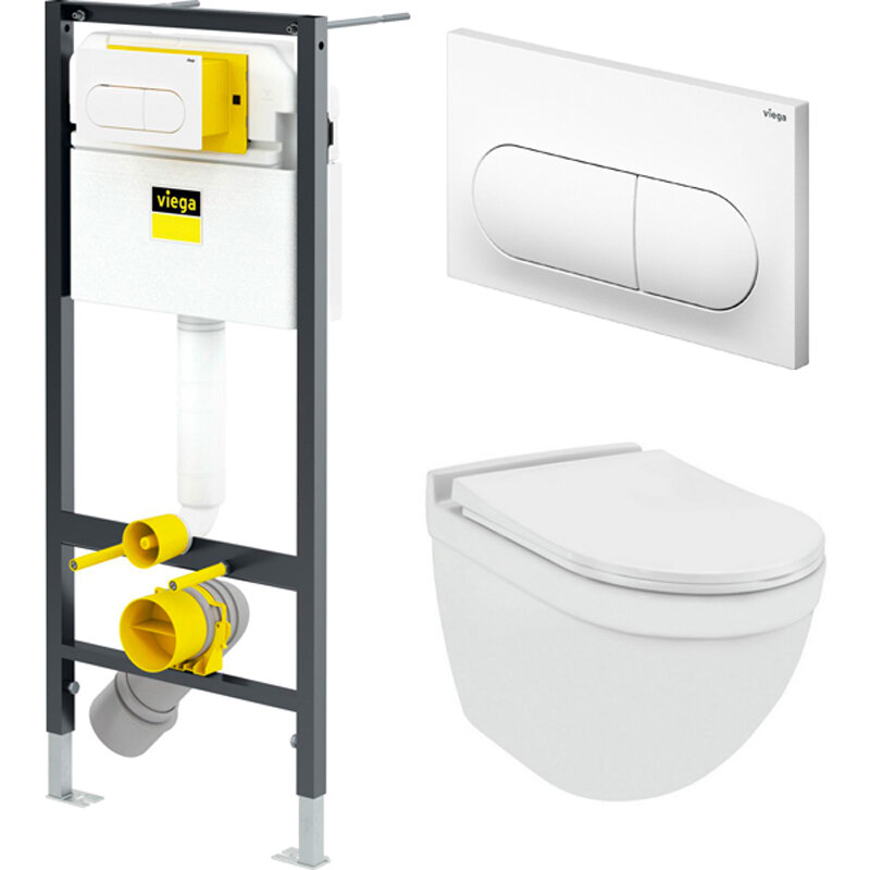 Изображение товара Инсталляция Viega Prevista Viega-WC-SET-11, унитаз Jaquar Solo SLS безободковый, сиденье микролифт, белый, клавиша белая