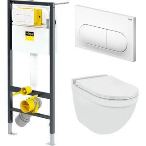 Изображение товара Инсталляция Viega Prevista Viega-WC-SET-11, унитаз Jaquar Solo SLS безободковый, сиденье микролифт, белый, клавиша белая