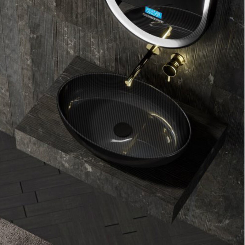 Изображение товара Раковина Abber Karbon AK2041 угловая 60 см карбон черная с донным клапаном