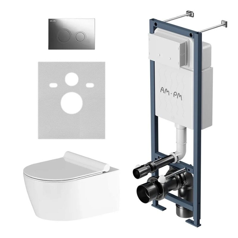 Изображение товара Инсталляция Am.Pm ErgoFit, IS110151.DX77C1700, с безободковым унитазом Jupiter, сиденье микролифт, клавиша L хром глянцевый