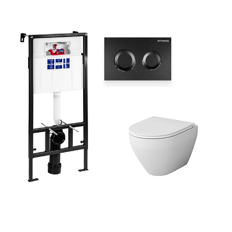 Изображение товара Инсталляция Bettoserb Sava Fix Slim с безободковым унитазом AM.PM Spirit V2.0 FlashClean, крышка микролифт, клавиша смыва черная матовая, SET40006467/C701700WH/C707857WH