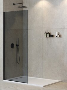Изображение товара Душевая стенка со свободным входом Cezares Liberta-L-1-TB-100-GR-NERO, 100 см, угловой кронштейн 70 см, стекло графит, профиль черный матовый 