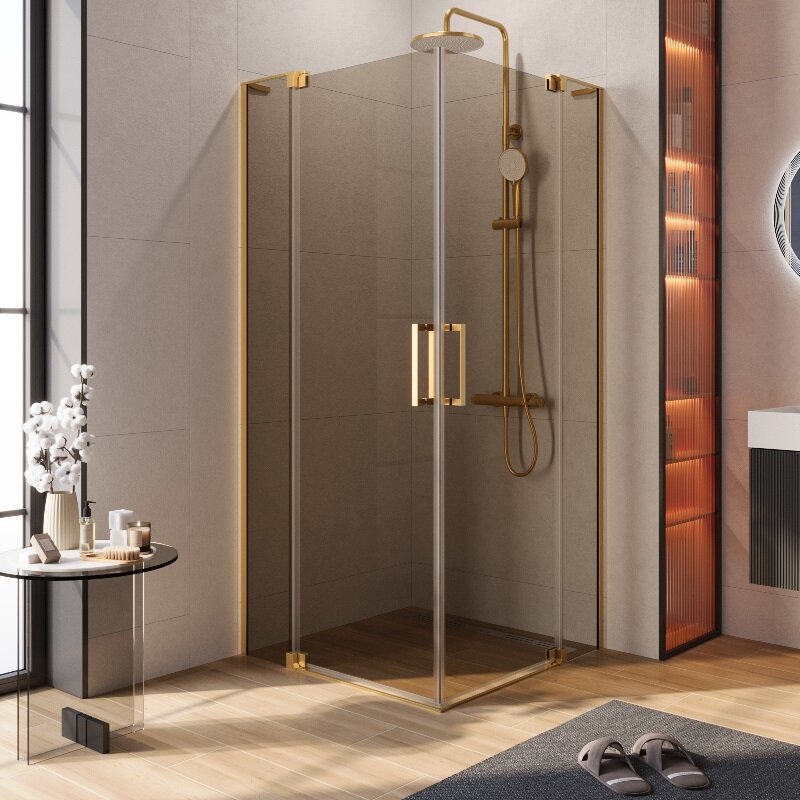 Изображение товара Душевой уголок Cezares SLIDER-A-2-90/100-BR-BORO 90x90 см с бронзовым стеклом и золотым профилем
