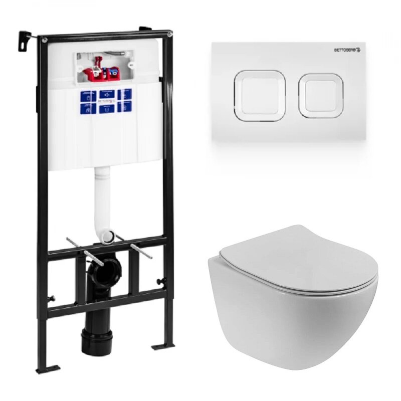 Изображение товара Инсталляция Bettoserb Sava Fix Slim с безободковым унитазом BelBagno Amanda-Tor, сиденье ультратонкое SLIM, клавиша смыва, SET40006470/BB051CH-TOR-FC/BB2011SC