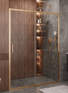 Изображение товара Душевая дверь Cezares Molveno-BF-1-140-C-BORO-IV, 140 см, стекло прозрачное, профиль брашированное золото 