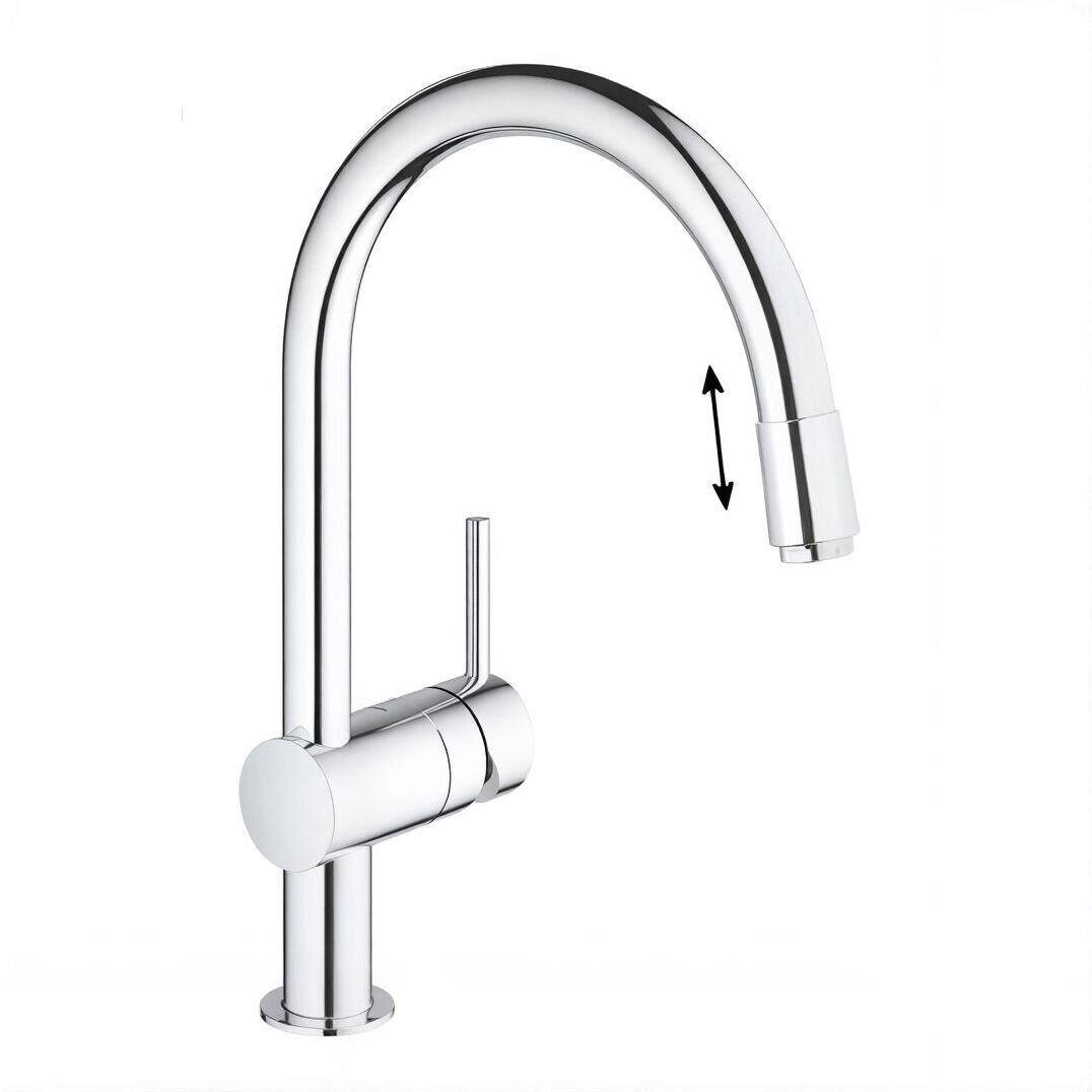 Изображение товара Смеситель для кухонной мойки Grohe Minta, 32918000, с вытяжным изливом, хром Изображение товара Смеситель для кухонной мойки Grohe Minta, 32918000, с вытяжным изливом, хром