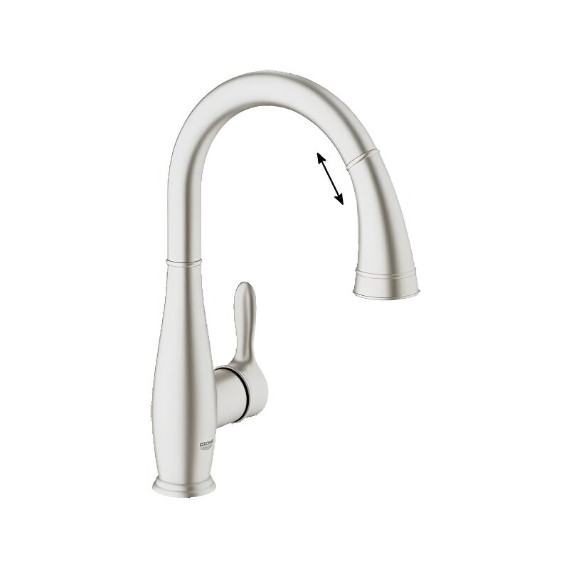 Изображение товара Смеситель для кухонной мойки GROHE Parkfield 30215DC0 с вытяжным изливом суперсталь Изображение товара Смеситель для кухонной мойки GROHE Parkfield 30215DC0 с вытяжным изливом суперсталь