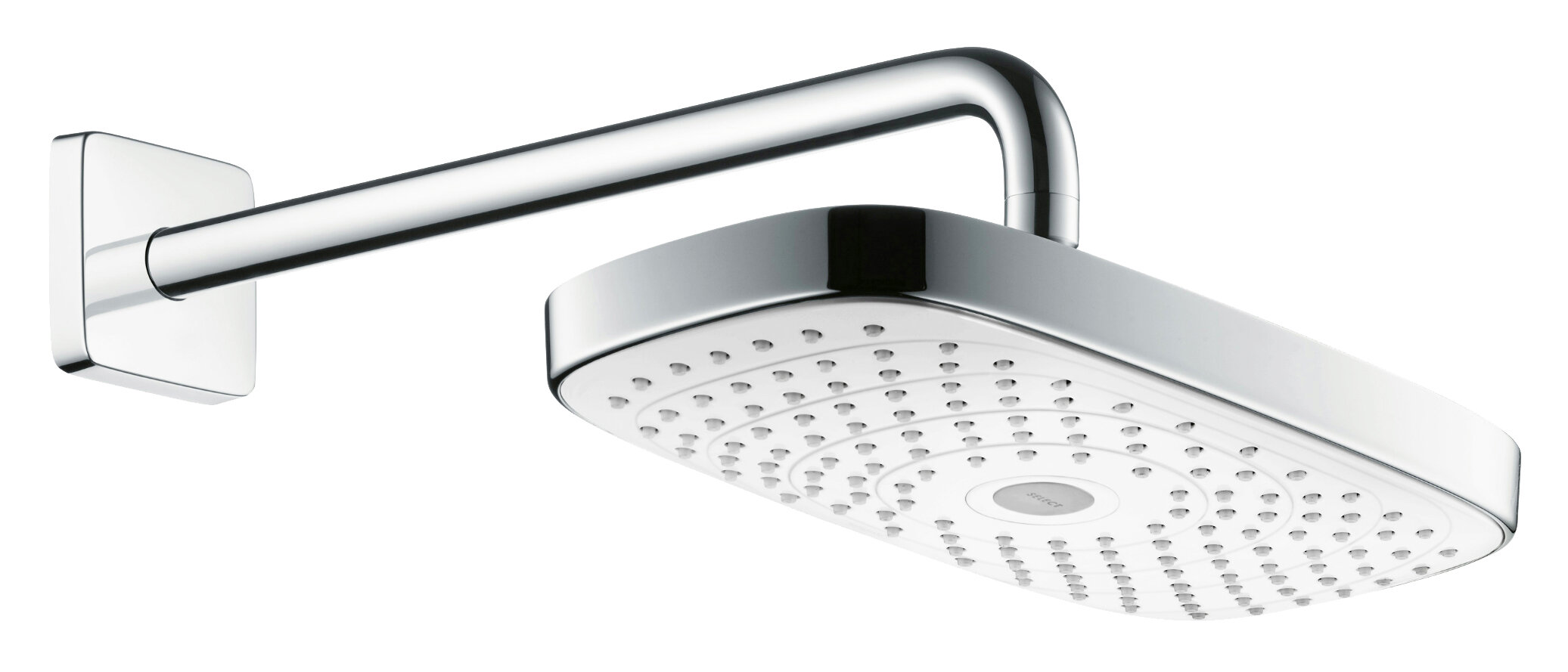 Изображение товара Верхний душ Hansgrohe Select 27385400, 30х16 см, 2 режима струи, с держателем, белый/хром