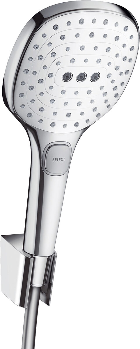 Изображение товара Душевой гарнитур Hansgrohe Raindance Select E 26720400, 3 режима струи, корпус хром, лицевая часть белая