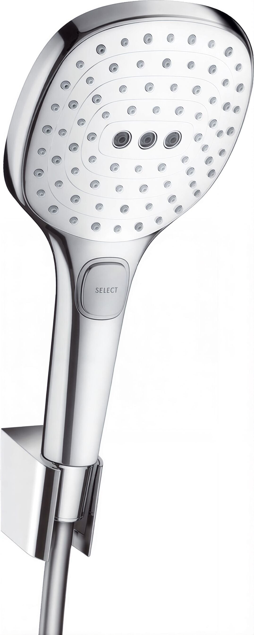 Изображение товара Душевой гарнитур Hansgrohe Raindance Select E 26720400, 3 режима струи, корпус хром, лицевая часть белая Изображение товара Душевой гарнитур Hansgrohe Raindance Select E 26720400, 3 режима струи, корпус хром, лицевая часть белая