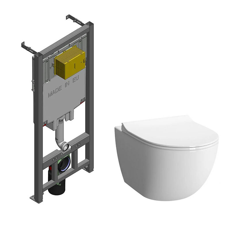 Изображение товара Подвесной унитаз безободковый Vitra Sento с сиденьем микролифт и инсталляцией Jacob Delafon