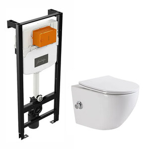 Изображение товара Инсталляция Jacob Delafon с безободковым унитазом BelBagno UNO, сиденье микролифт, E24156-NF/BB3105CHR-BS/SC