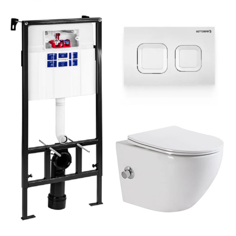 Изображение товара Инсталляция Bettoserb Sava Fix Slim с безободковым унитазом BelBagno UNO, сиденье микролифт, клавиша смыва, SET40006470/BB3105CHR-BS/SC