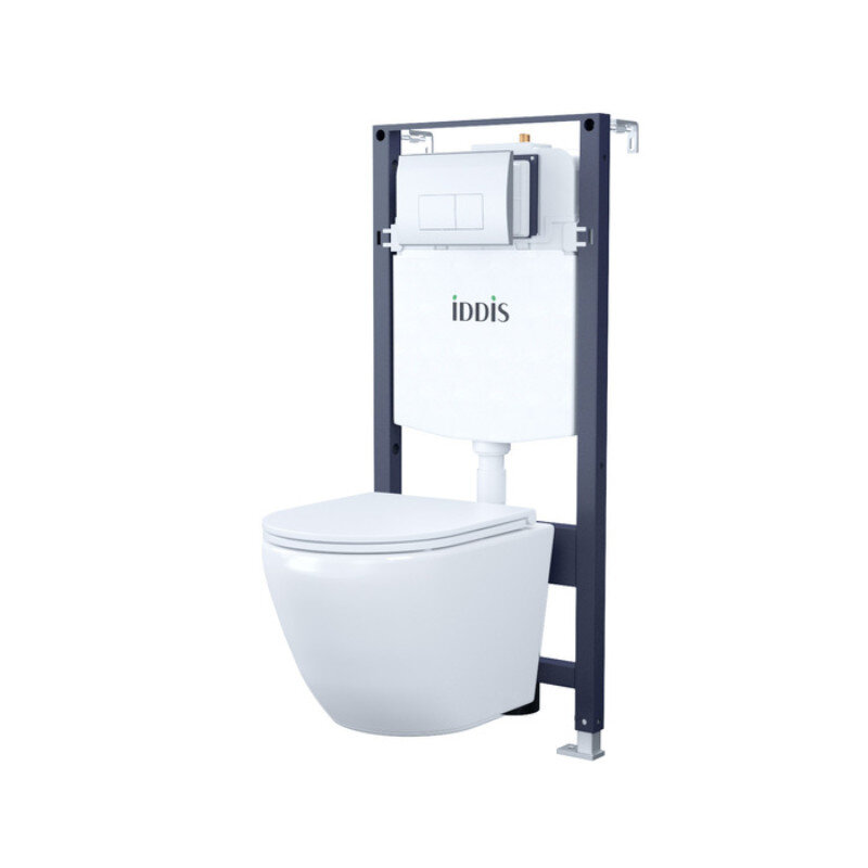 Изображение товара Инсталляция Iddis Basic Profix BASB010i73, подвесной безободковый унитаз Blanco, сантехфарфор, сиденье микролифт, клавиша Unifix хром