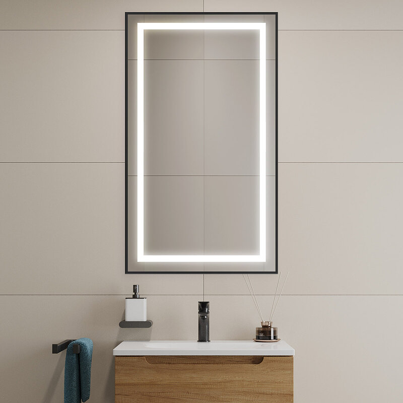 Изображение товара Зеркало BelBagno Kraft SPC-KRAFT-500-900-SENS-AL, 50 см, с LED подсветкой, с сенсорным выключателем, цвет рамы черный