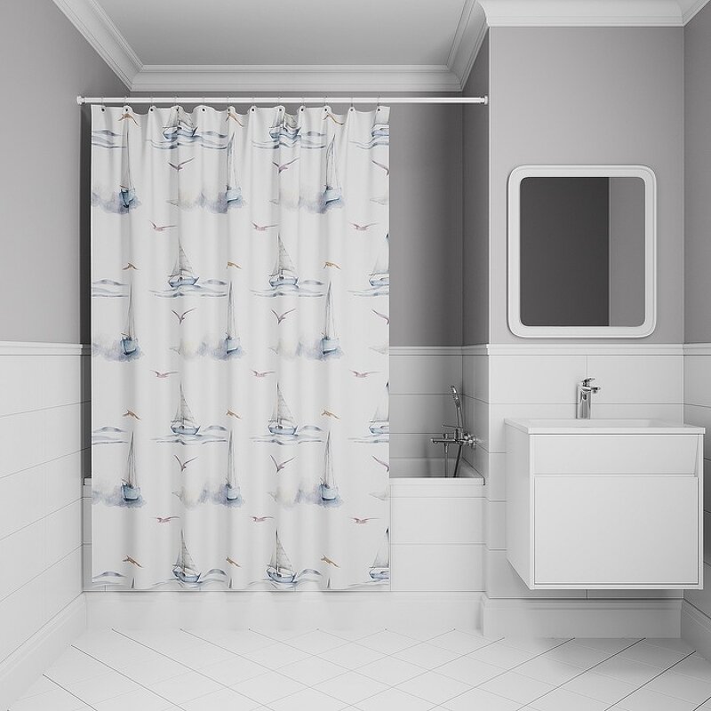 Изображение товара Штора для ванной комнаты Iddis Base BO02P18i11, 180x200 см, полиэстер, белая, акварельный принт