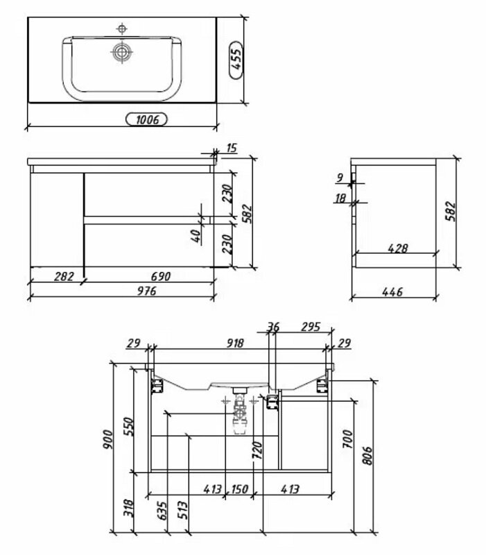 Тумба под раковину Caprigo Forte 36115R-SF013, 100 см подвесная, дверь ...