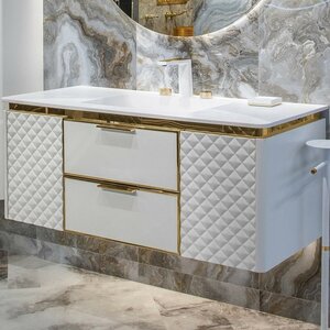 Изображение товара Тумба с раковиной Armadi Art Rombo 777-120-WG/776-120-W, 120 см, подвесная, LED-подсветка, белая матовая/золото