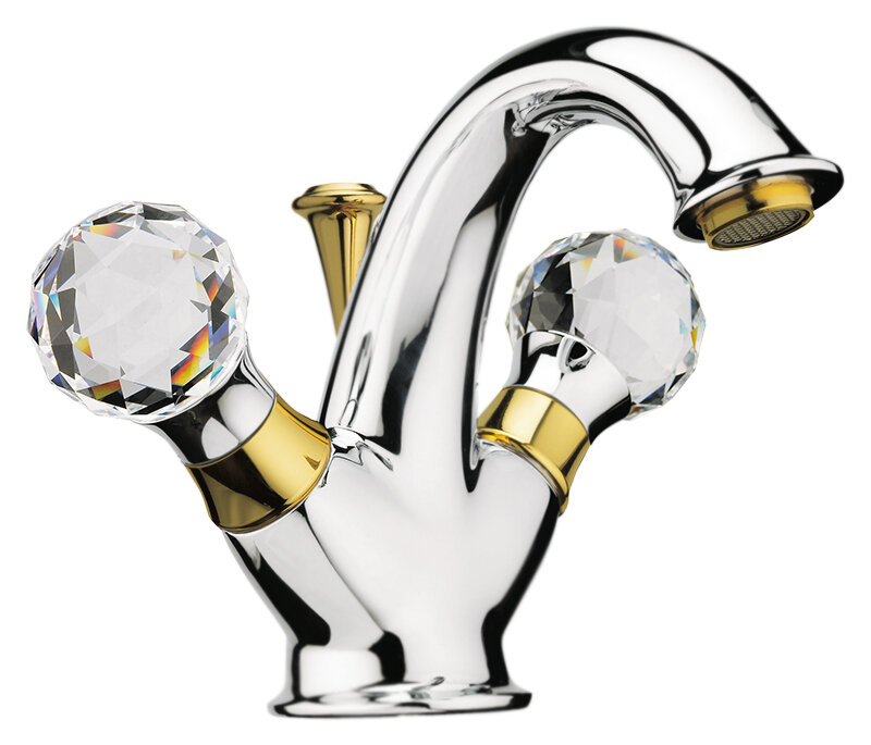 Изображение товара Смеситель для раковины Webert Karenina KA700102017 c донным клапаном, хром, золото, ручки Swarovski