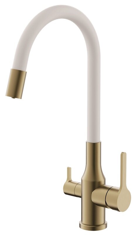 Изображение товара Смеситель Belz B76814-5 для кухонной мойки, гибкий излив, золото, белый матовый