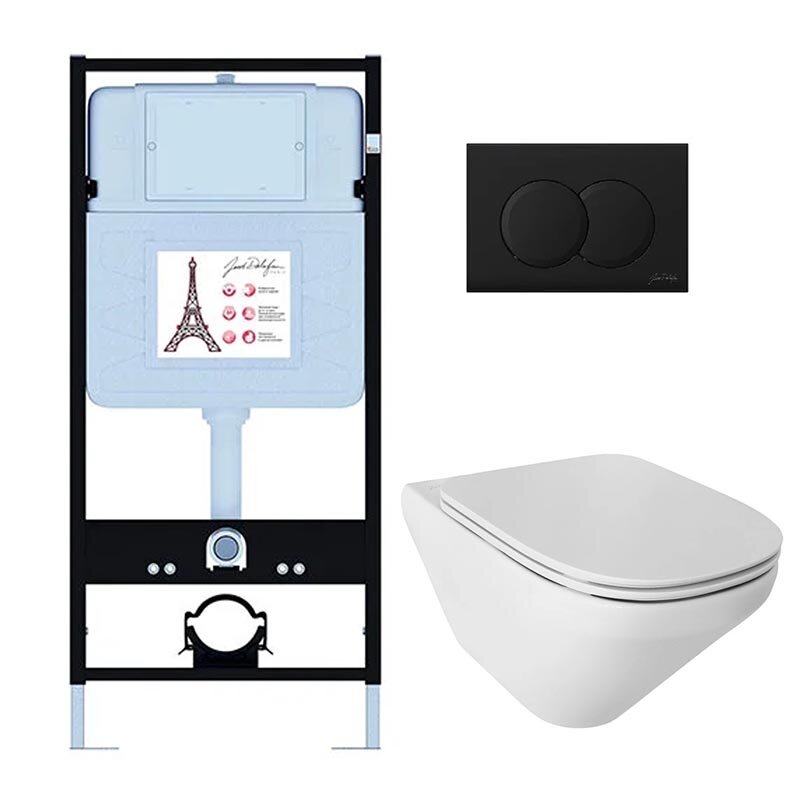 Изображение товара Инсталляция Jacob Delafon с безободковым унитазом Modern Life и клавишей черный матовый