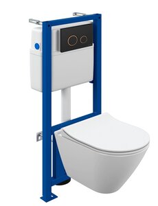 Изображение товара Инсталляция Cersanit Link Pro 68308, с подвесным безободковым унитазом City Smart, сиденье микролифт, белый, клавиша черная матовая/золото