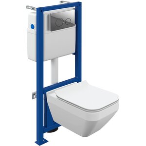 Изображение товара Инсталляция Cersanit Link Pro 64443, с подвесным безободковым унитазом Crea Square, сиденье микролифт, белый, клавиша хром глянцевый