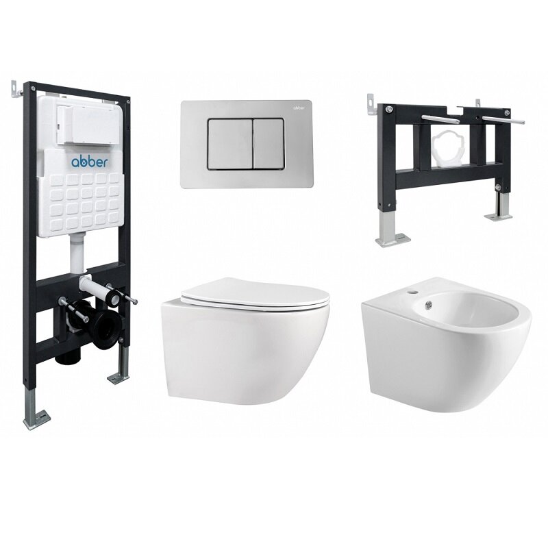 Изображение товара Комплект Abber Bequem инсталляция AC0105 унитаз белый AC1100, сиденье микролифт, клавиша хром AC0120, биде AC1150 с рамой AC0101P