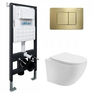 Изображение товара Комплект унитаза Abber Bequem с инсталляцией, скрытым смывом и клавишей золото матовое