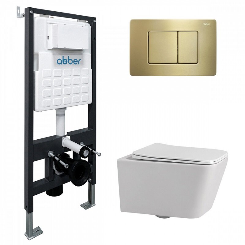 Изображение товара Комплект Abber Rechteck инсталляция и унитаз подвесной каскадный из фарфора с матовым золотом