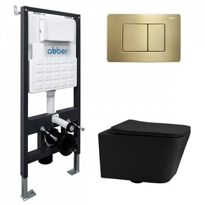 Изображение товара Комплект Abber Rechteck инсталляция AC0105, унитаз черный матовый AC1201MB, сиденье микролифт, клавиша золото матовое AC0120MMG
