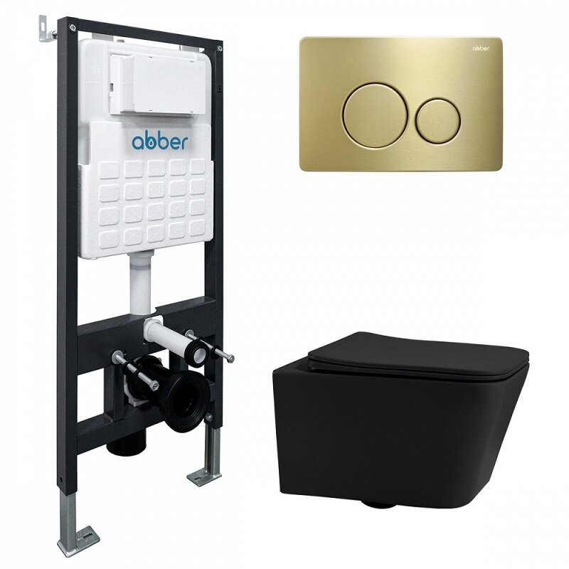Изображение товара Комплект Abber права квадрат инсталляция и унитаз черный матовый с клавишей золото
