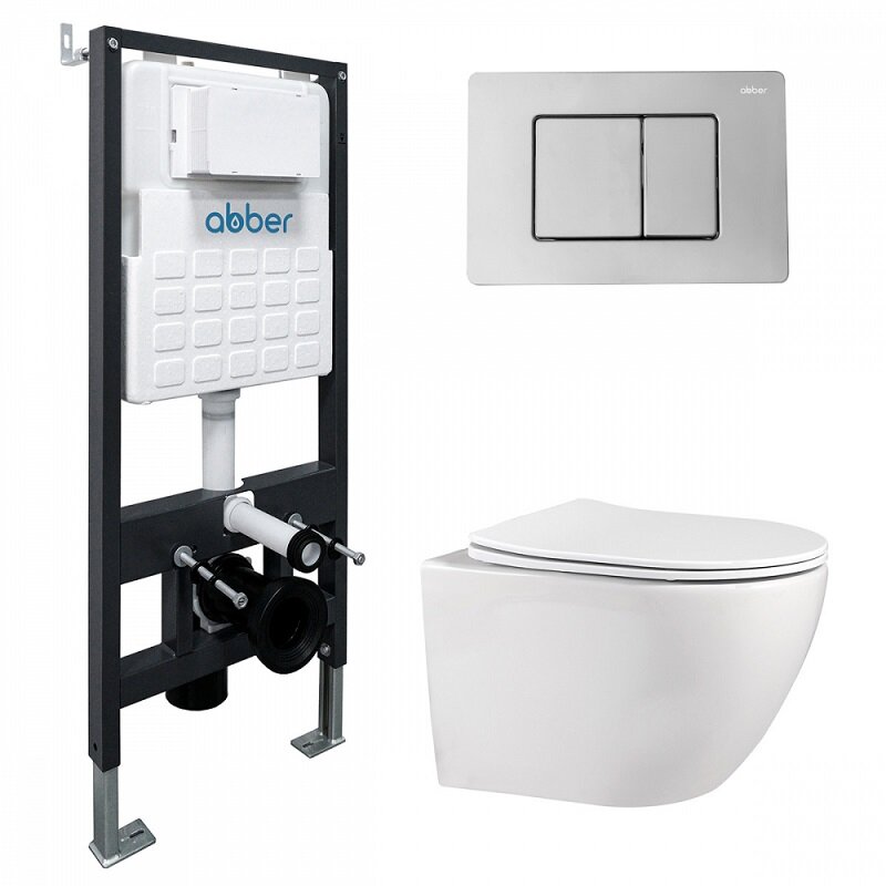 Изображение товара Инсталляция с унитазом Abber Bequem AC1100-AC0105-AC0120 с сиденьем микролифт и клавишей хром